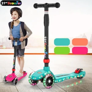 صورة سكوتر أطفال ثلاثي العجلات مضيء (LED) - مقبض قابل للتعديل والطي - آمن وممتع