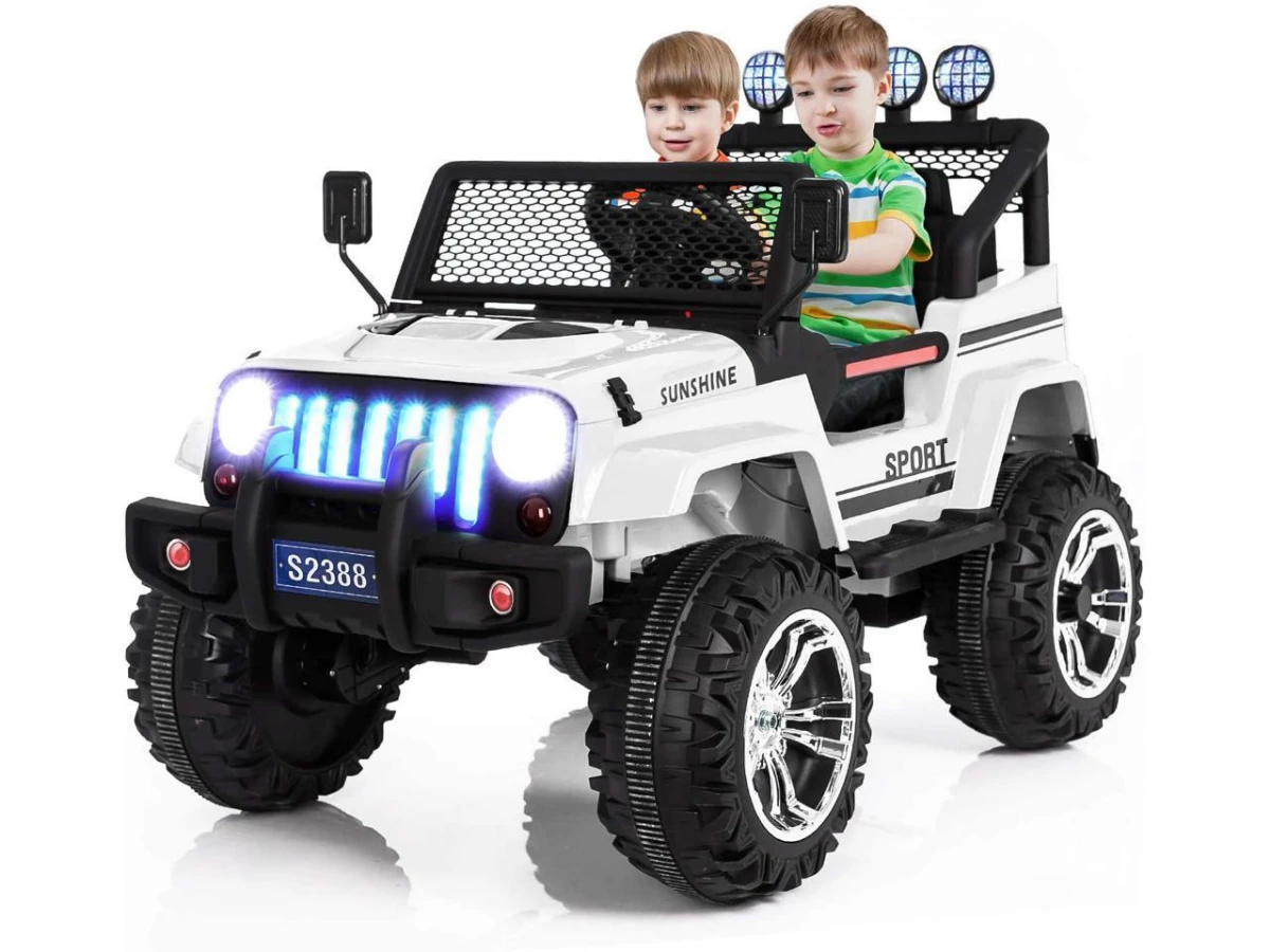 صورة سيارة جيب كهربائية للركوب للأطفال، لون أبيض مع أضواء ليد،