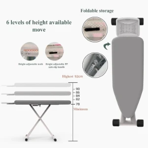 صورة لوح كي مع محطة كي بخار كبيرة قابل للطي – ارتفاع قابل للتعديل مع غطاء مقاوم للحرارة ومسند مكواة
