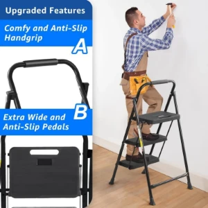 صورة سلم قابل للطي بثلاث درجات من الفولاذ مع مقبض ناعم – يتحمل حتى 330 رطل – أسود