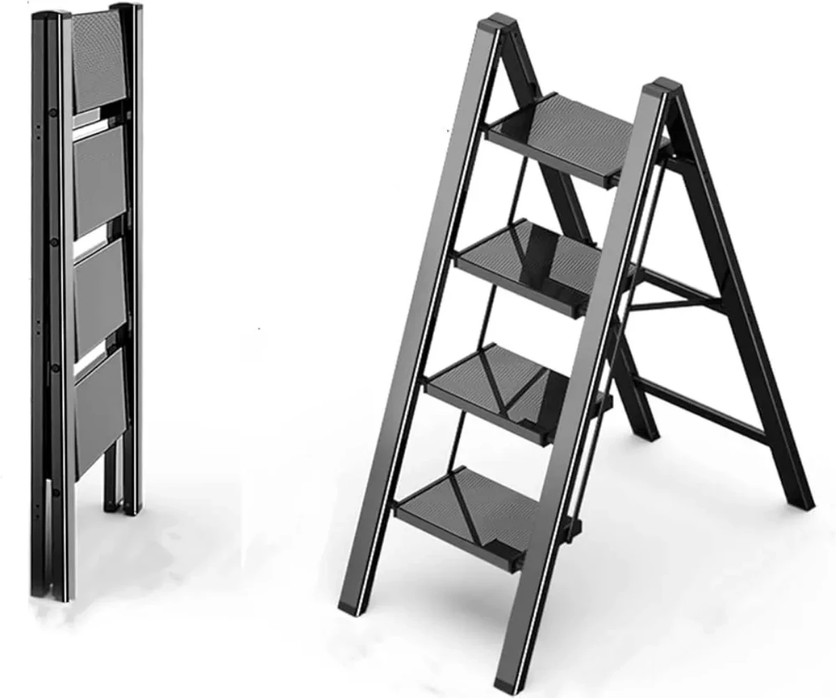 صورة سلم كهربائي صناعي منزلي قابل للطي 4 خطوات – ألومنيوم خفيف الوزن مضاد للانزلاق – لون أسود