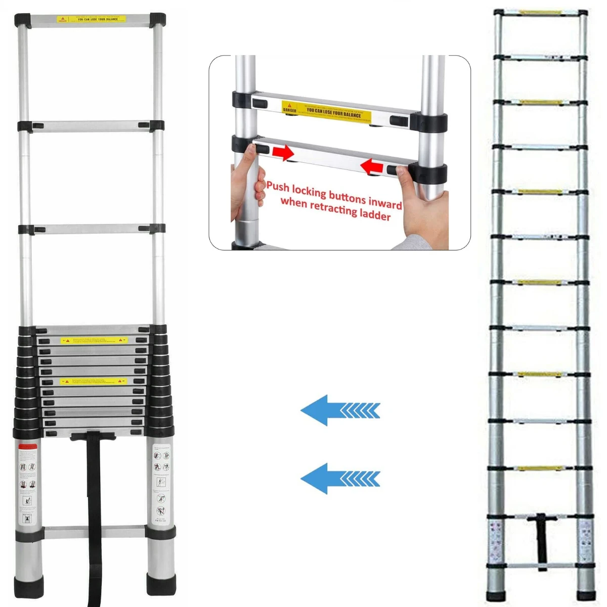 صورة سلم تلسكوبي قابل للطي ومحمول من الألمنيوم — متعدد الاستخدامات، حمولة 150 كجم