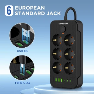 صورة مشترك طاقة 6 فتحات مع 3 USB 3 نوع C شريط طاقة VINISEM مقبس شحن تمديد OEM ODM
