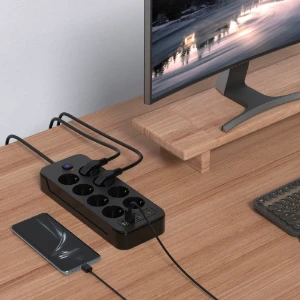 صورة مشترك كهربائي متعدد الوظائف — 8 فتحات — للاستخدام الصناعي — مع منفذ USB ومنفذ Type-C — حماية من الحمل الزائد