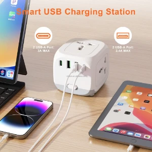 صورة مشترك كهرباء مربع متعدد الوظائف — 3 فتحات مع منفذ USB ومنفذ Type-C