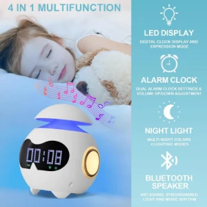 صورة مكبر صوت بلوتوث محمول مقاوم للماء مع إضاءة LED و روبوت مدمج وساعة منبه وTWS وراديو FM