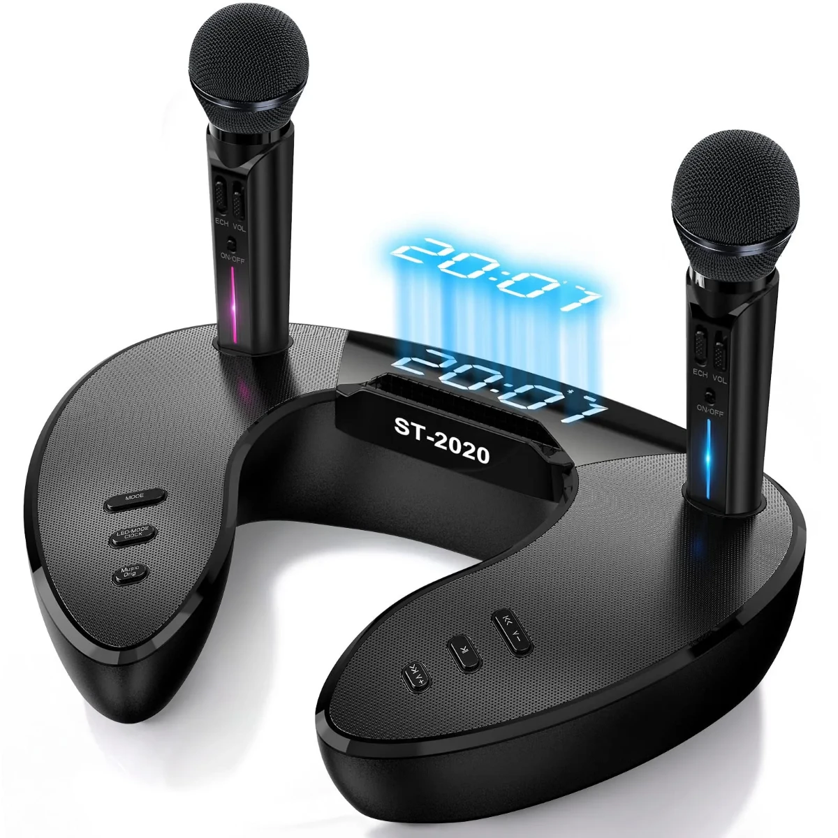 صورة ميكروفون لاسلكي مكبر صوت بلوتوث آلة كاريوكي خارجية حامل ميكروفون ساعة مكبر صوت مضخم صوت