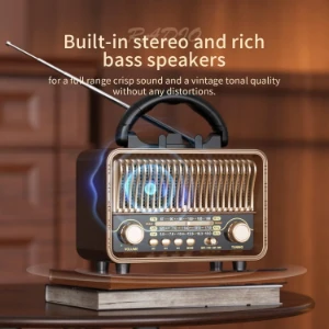 صورة راديو محمول كلاسيكي كلاسيكي ايه ام اف ام اس دبليو من سينكسي يعمل ببطارية قابلة لاعادة الشحن، يدعم الموجات القصيرة، بطاقة ميركو اس دي/ تي اف، مشغل يو اكس USB، مكبر صوت بلوتوث للمنزل والخارج
