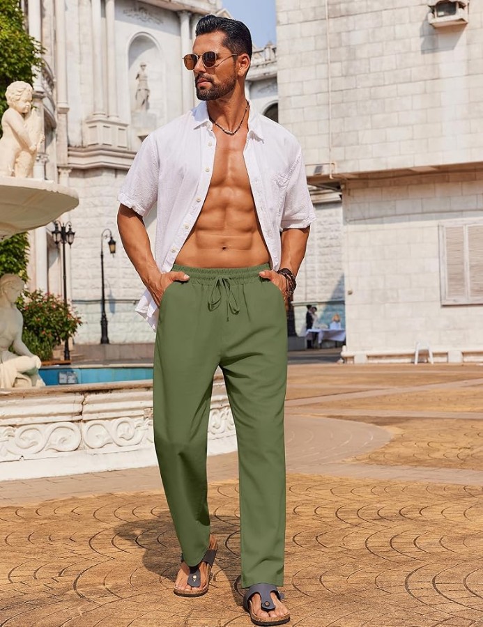 صورة بنطلون رجالي قطني كاجوال، قصة عادية، خصر مطاطي، رباط، بنطلون تويل، بنطلون تشينو بساق مستقيمة