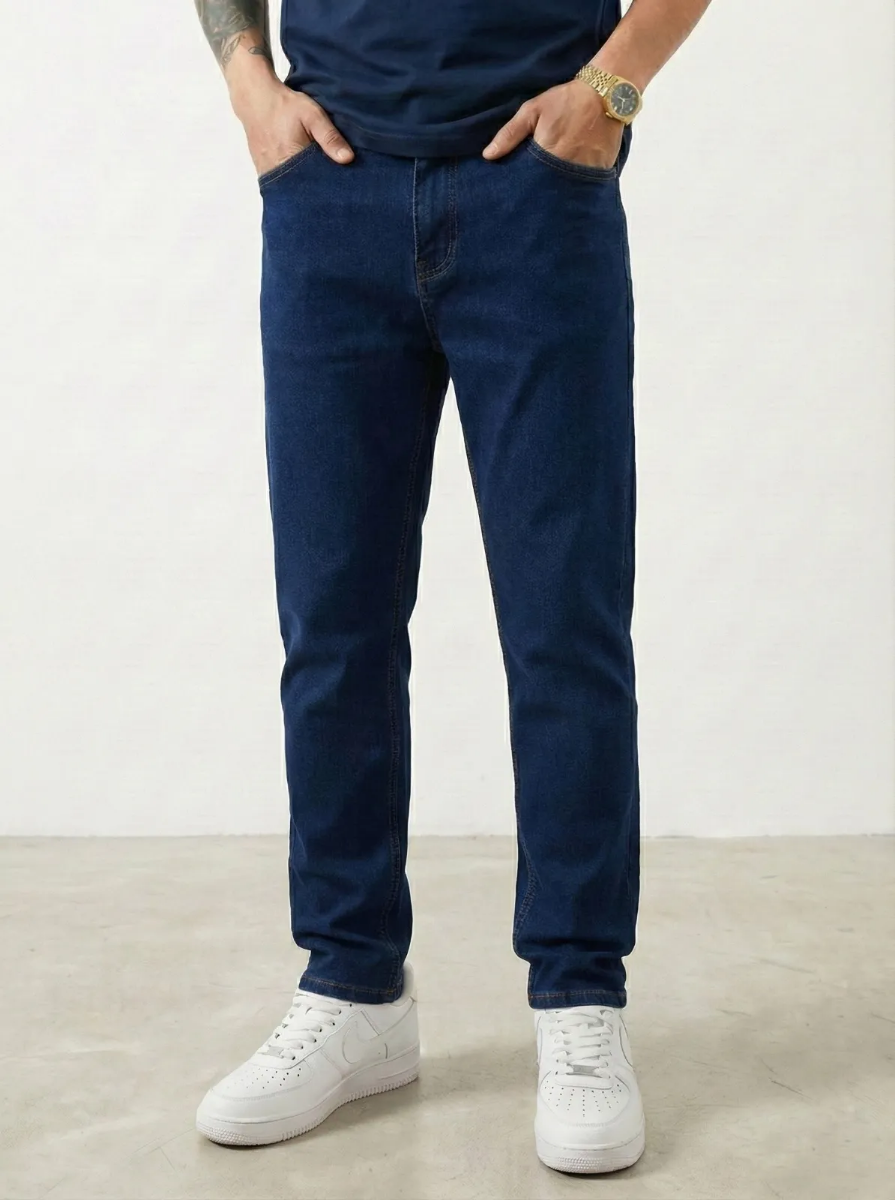صورة بنطلون جينز رجالي أزرق داكن ستريت فيت قطن مرن