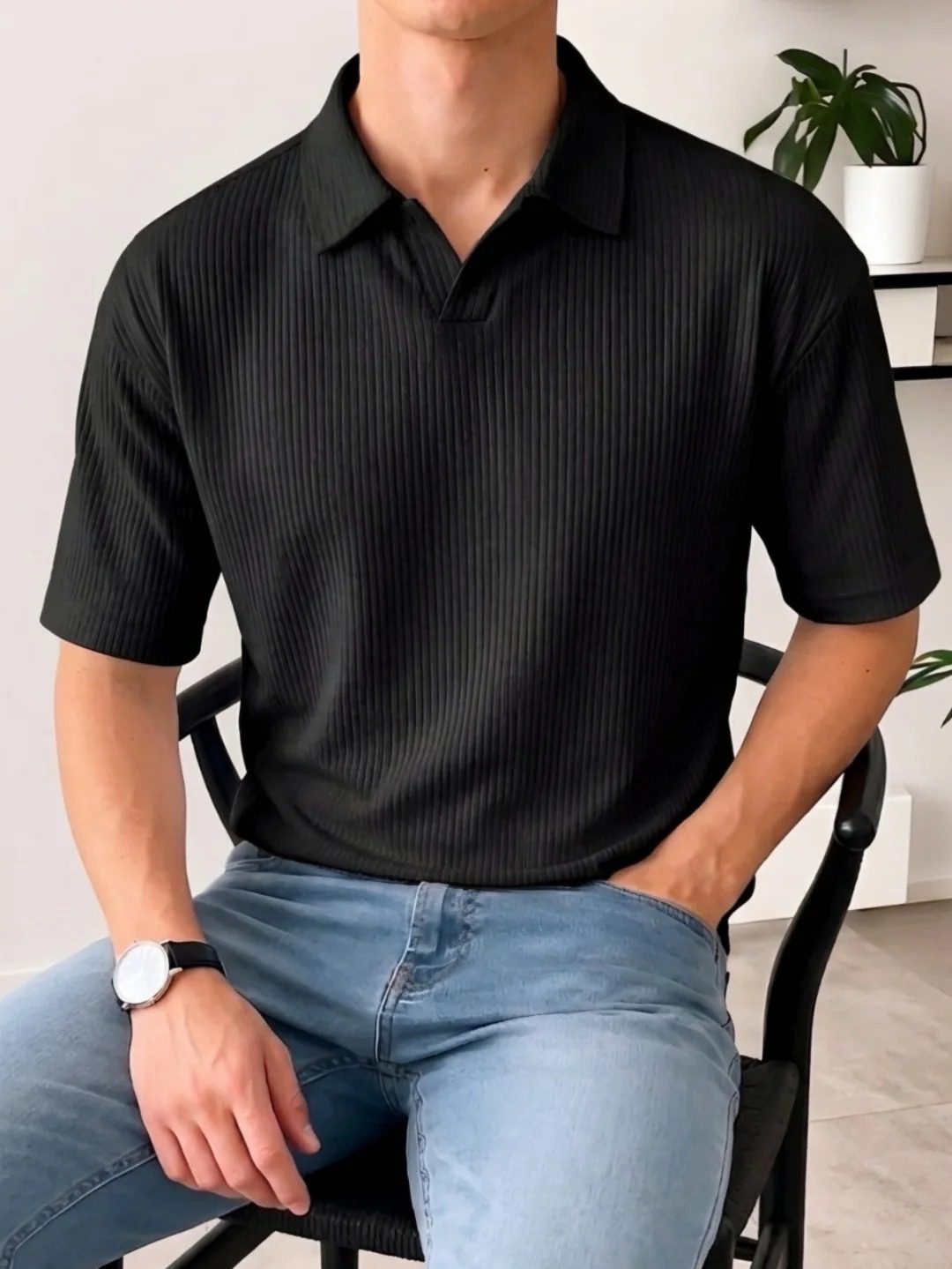 Men's Solid Rib-Knit Casual V-Neck Polo Shirt
