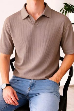 Men’s Solid Rib-Knit Casual V-Neck Polo Shirt