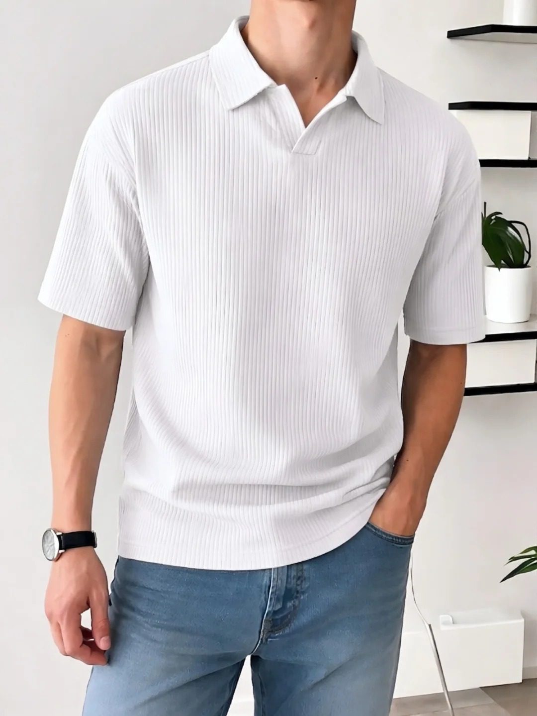 Men's Solid Rib-Knit Casual V-Neck Polo Shirt