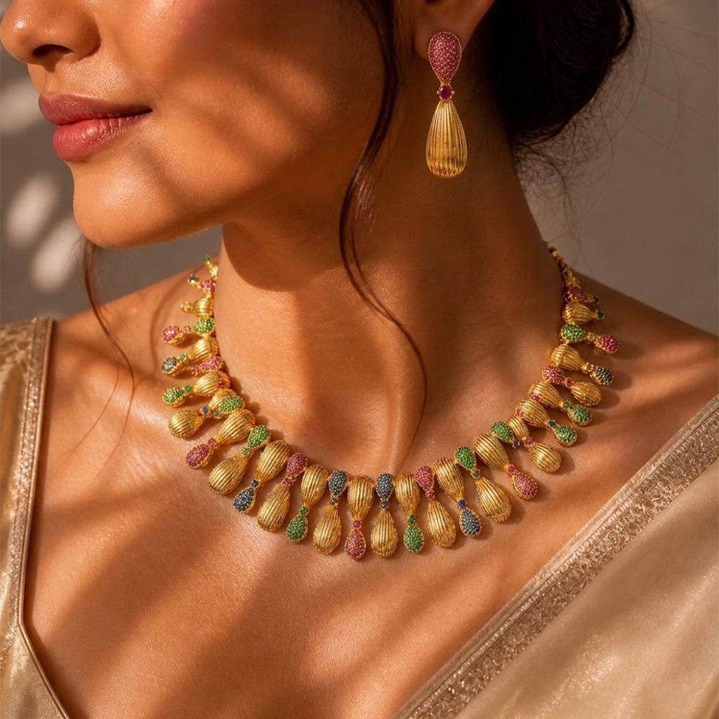 It combines golden accents, the fountain design, and zircon stones.