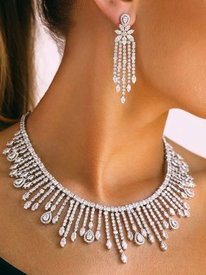 Simulated diamond necklace set with a fringe design.