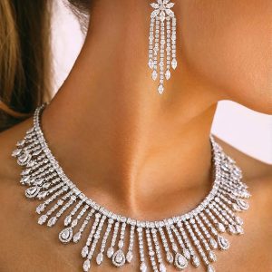 Simulated diamond necklace set with a fringe design.