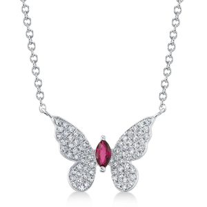 Silver butterfly necklace set with a marquise-cut red stone (3.05.g)