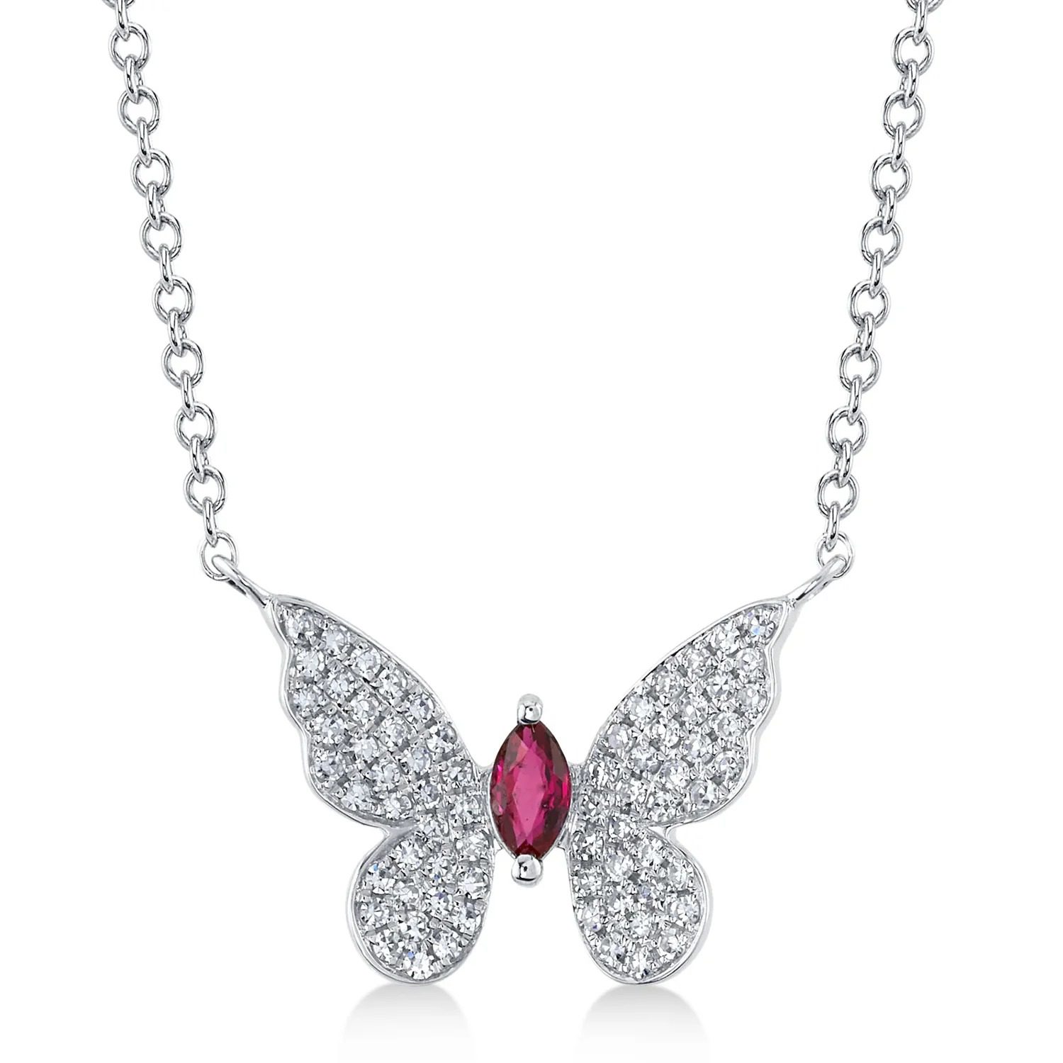 Silver butterfly necklace set with a marquise-cut red stone (3.05.g)