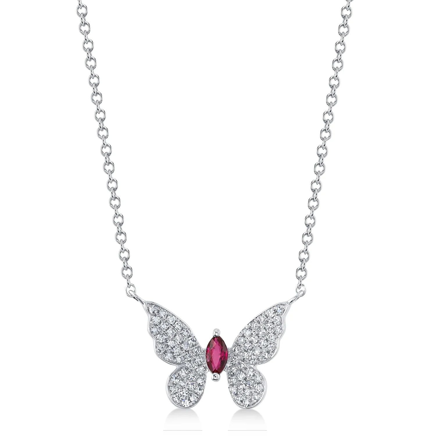 Silver butterfly necklace set with a marquise-cut red stone (3.05.g)