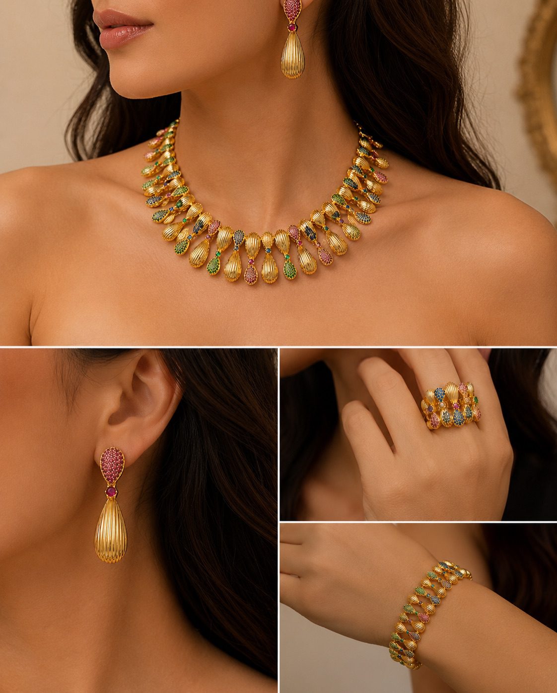 It combines golden accents, the fountain design, and zircon stones.