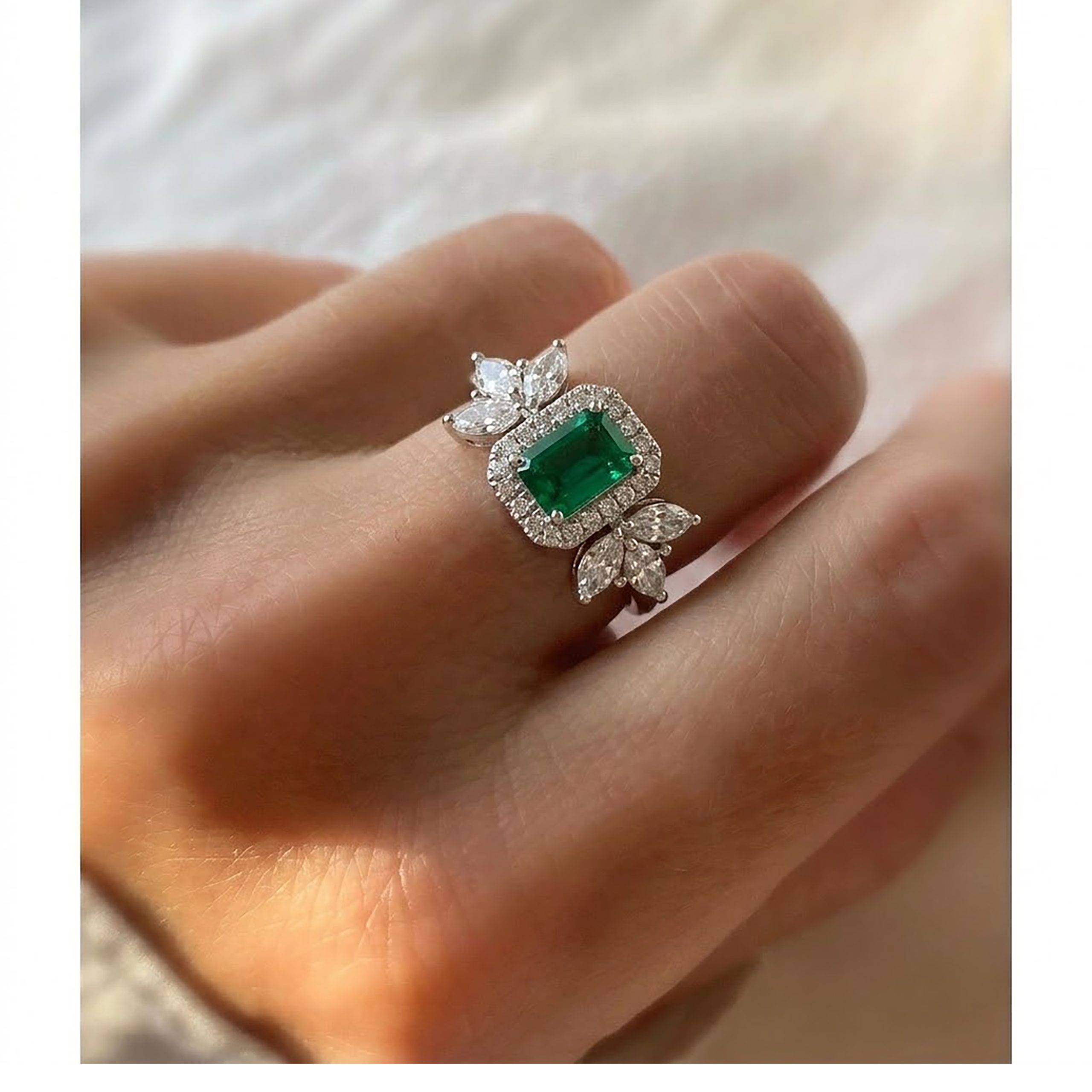 This luxurious set features simulated emeralds and diamonds.
