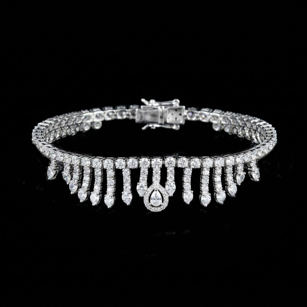 Simulated diamond necklace set with a fringe design.