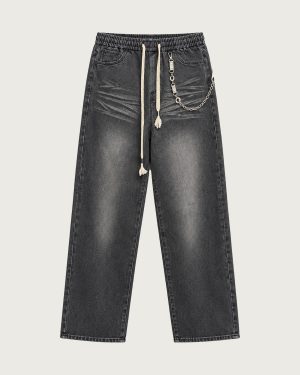 Washed  Denim Pants with Chain Accent