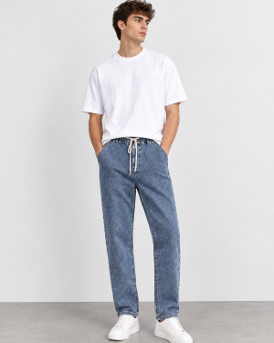 Washed Blue Drawstring Denim Joggers