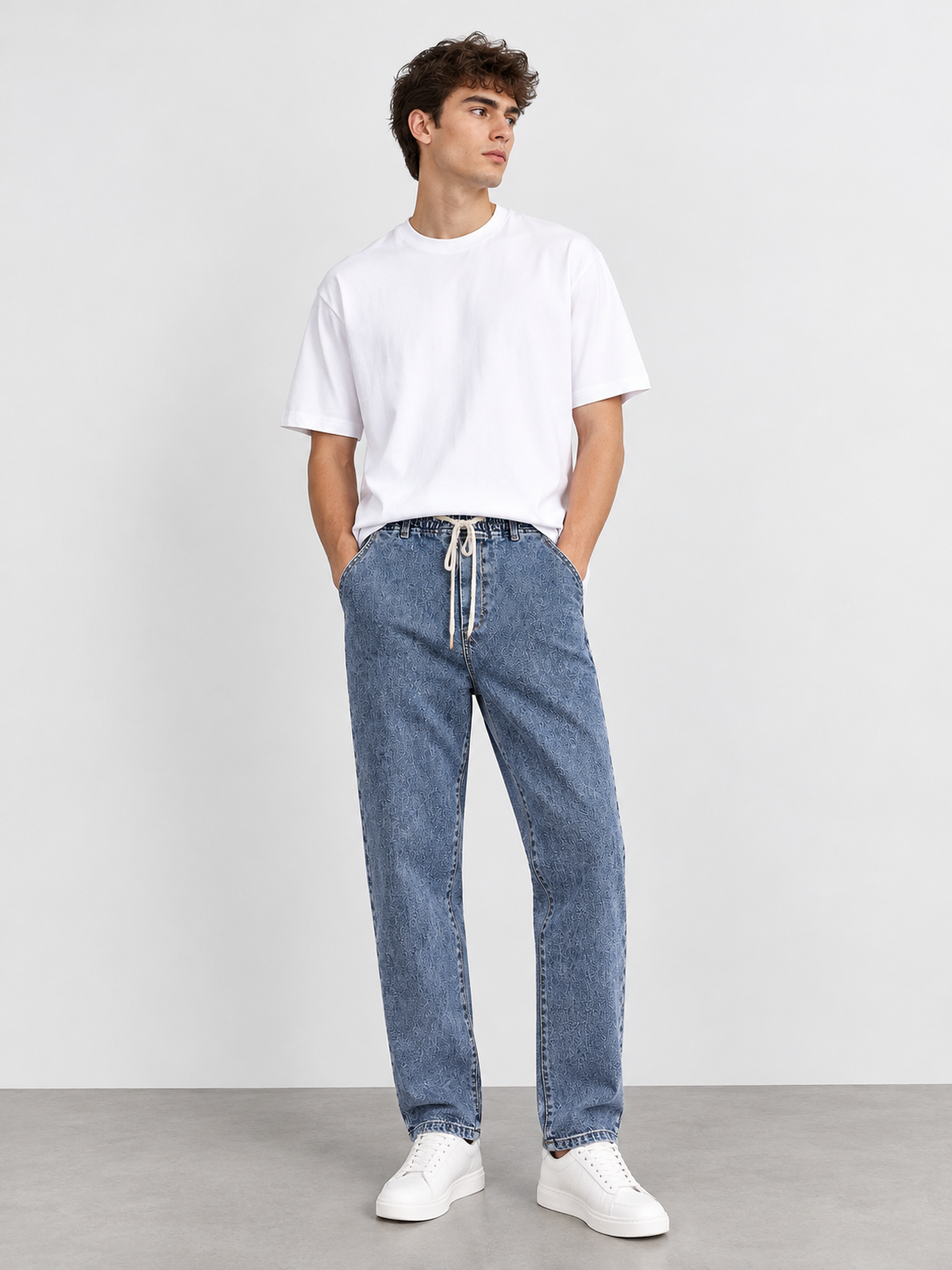 Washed Blue Drawstring Denim Joggers